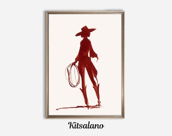 Burgundy Cowgirl Silhouette Printable Wall Decor: Modern Western Farmhouse Red Wine Print