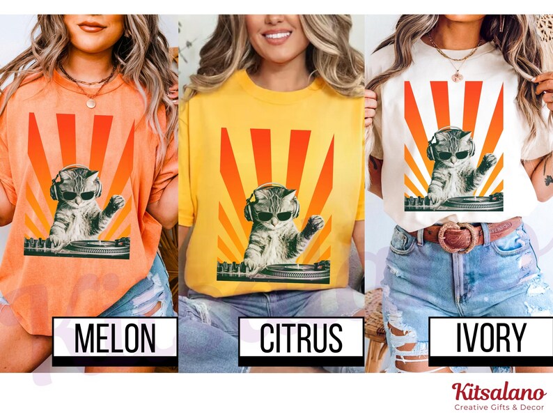 May include: Three t-shirts in melon, citrus, and ivory colors. Each shirt features a graphic of a cat wearing sunglasses and headphones, DJing with a retro sunburst design. The text on the shirts reads "Melon", "Citrus", and "Ivory".