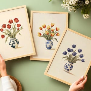 Floral Print Set of 3 Tulip Prints in Decorative Blue Vase, Floral Wall Art, Red Yellow Purple Tulips, New Home Wall Art, Housewarming Gift