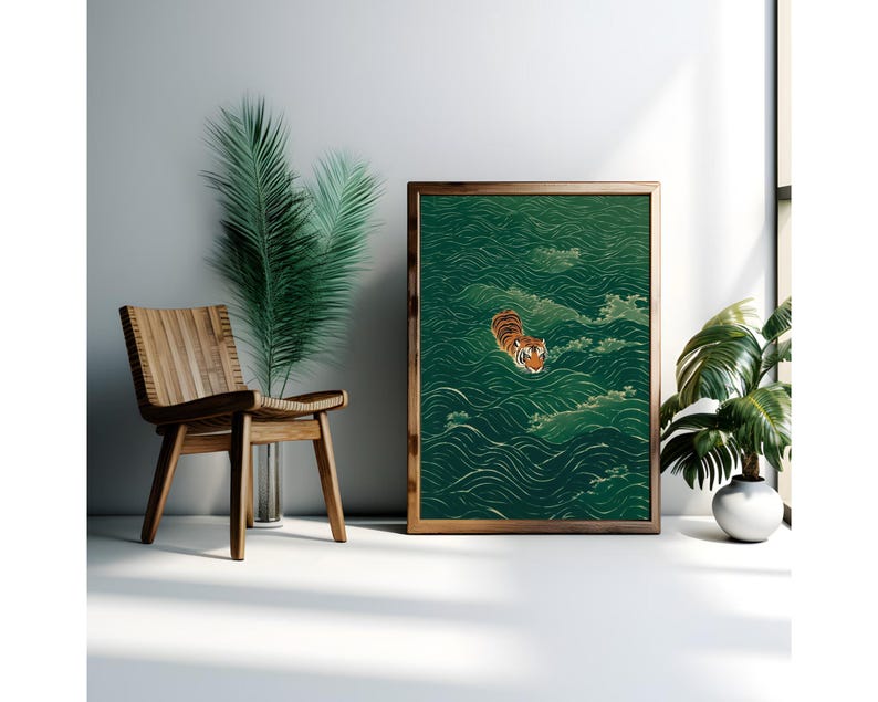 Vintage Japanese Tiger Poster Print & Framed Canvas Wrap: Vintage Minimalist Asian Inspired Zen Wall Decor, Japandi Art afbeelding 5