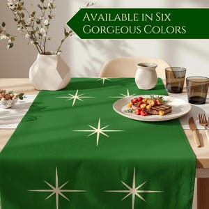 Vintage Green Christmas Table Runner, Festive Mid-Century Retro Starburst, Holiday Dining Table Linen Decor
