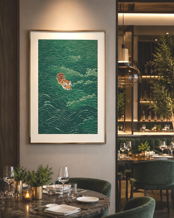 Vintage Japanese Tiger Poster Print & Framed Canvas Wrap: Vintage Minimalist Asian Inspired Zen Wall Decor, Japandi Art