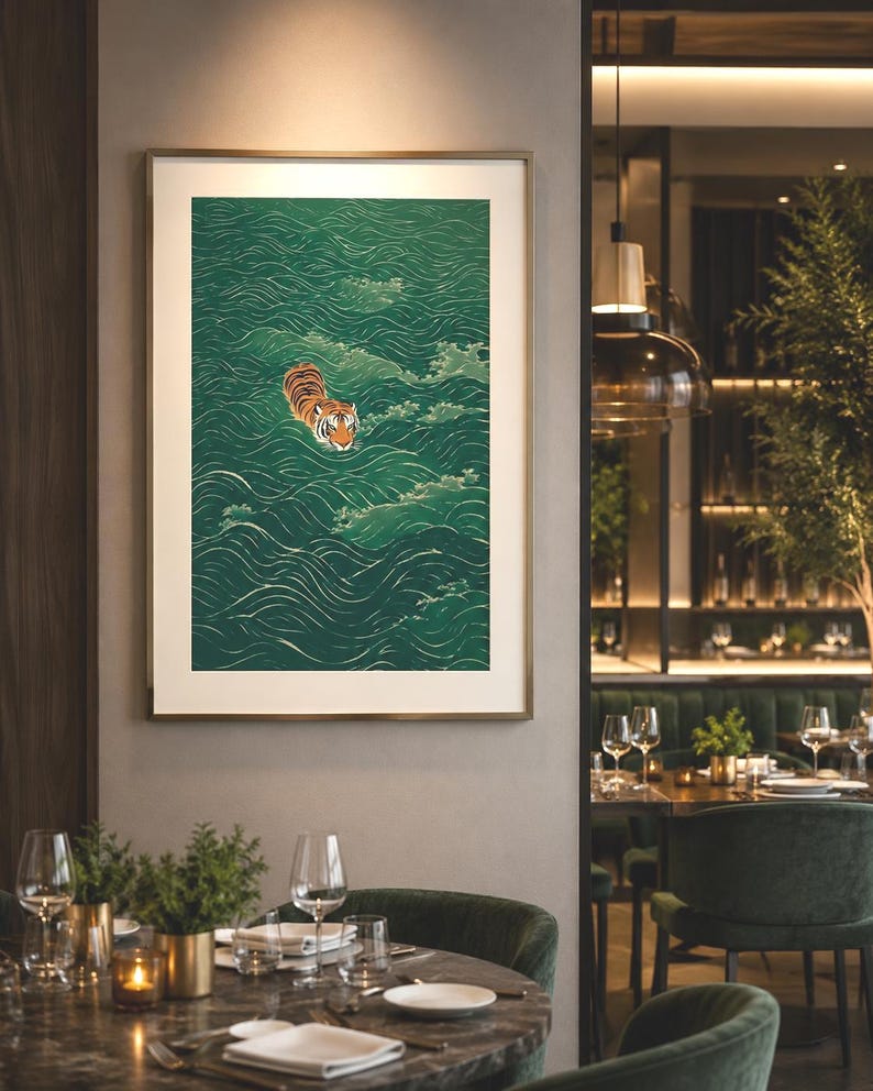 This stunning example of vintage Japanese wall art is available as both a poster print on matte paper or as a canvas wrap print mounted on a pine frame. The minimalist Asian artwork features a Japanese tiger swimming in a beautiful emerald green sea. This unique Japanese wall art decor item adds character and culture to any living space, office, restaurant or bar.