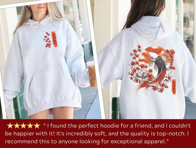 Ash color Japanese Koi Fish Hoodie with a back & front print, featuring vintage Asian artwork & the Japanese cultural symbols of the Koi Fish, cherry blossoms, the Japanese sun & Kanji writing, with the symbols for Loyalty, Strength & Determination.