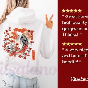 Customer reviews for our Japanese Koi Fish Hoodie with a back and front print, featuring the Japanese cultural symbols of the Koi Fish, cherry blossoms, the Japanese sun and Kanji writing, with the symbols for Loyalty, Strength and Determination.