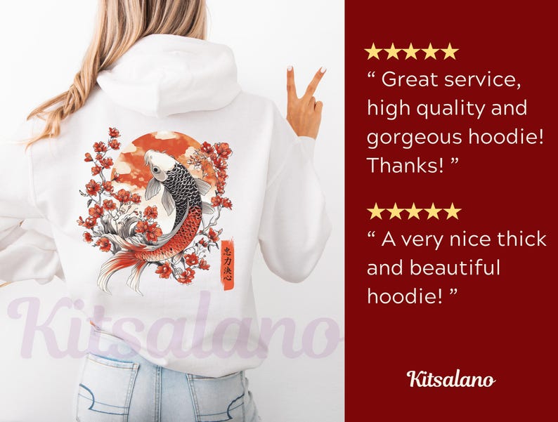 Customer reviews for our Japanese Koi Fish Hoodie with a back and front print, featuring the Japanese cultural symbols of the Koi Fish, cherry blossoms, the Japanese sun and Kanji writing, with the symbols for Loyalty, Strength and Determination.