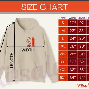 Koi Fish Hoodie size chart, for a Japanese Koi Fish hoodie, featuring the Japanese cultural symbols of the Koi Fish, cherry blossoms, the Japanese sun and Kanji writing for the words Loyalty, Strength and Determination.