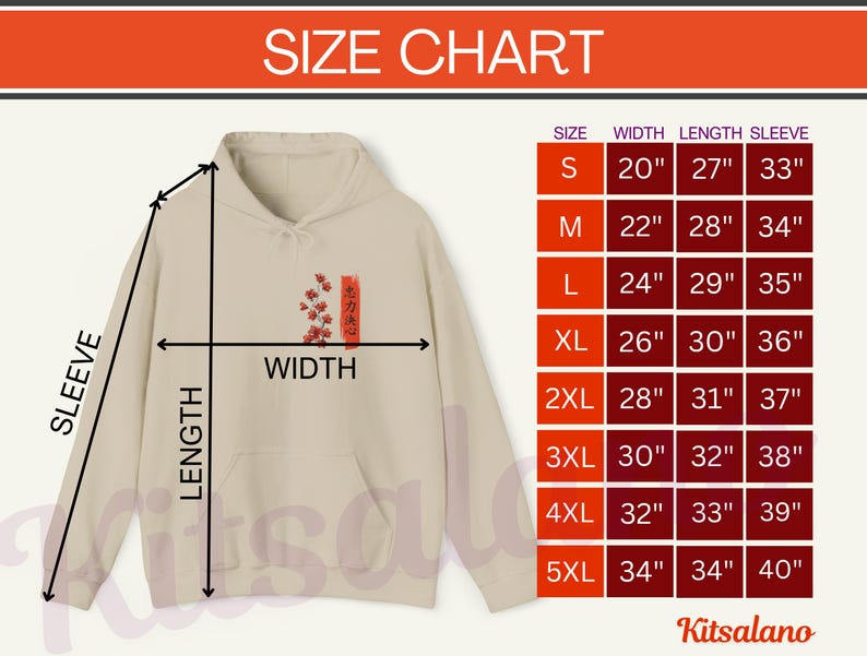 Koi Fish Hoodie size chart, for a Japanese Koi Fish hoodie, featuring the Japanese cultural symbols of the Koi Fish, cherry blossoms, the Japanese sun and Kanji writing for the words Loyalty, Strength and Determination.
