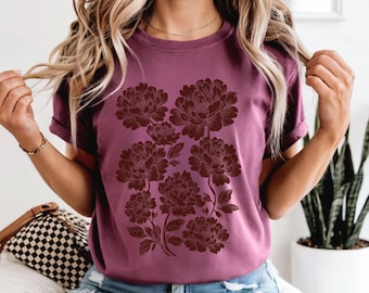 Vintage Floral Botanical T-Shirt Featuring a Retro Boho Peony Linocut Design