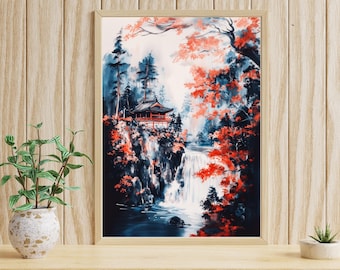 Ukiyo-e herfstwatervalprint: Hokusai Japanse landschapsmuurkunst
