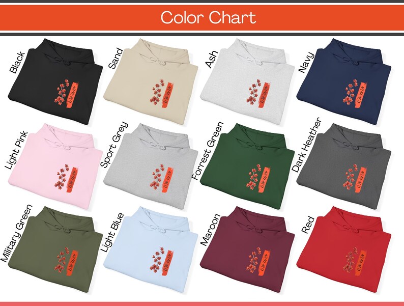 Koi Fish Hoodie color chart, featuring the Black, Ash, Sand, White, Navy, Pink, Forrest Green, Dark Heather, Sport Grey and Red. The hoodie features the Japanese cultural symbols of the Koi Fish, cherry blossoms, the Japanese sun and Kanji writing.