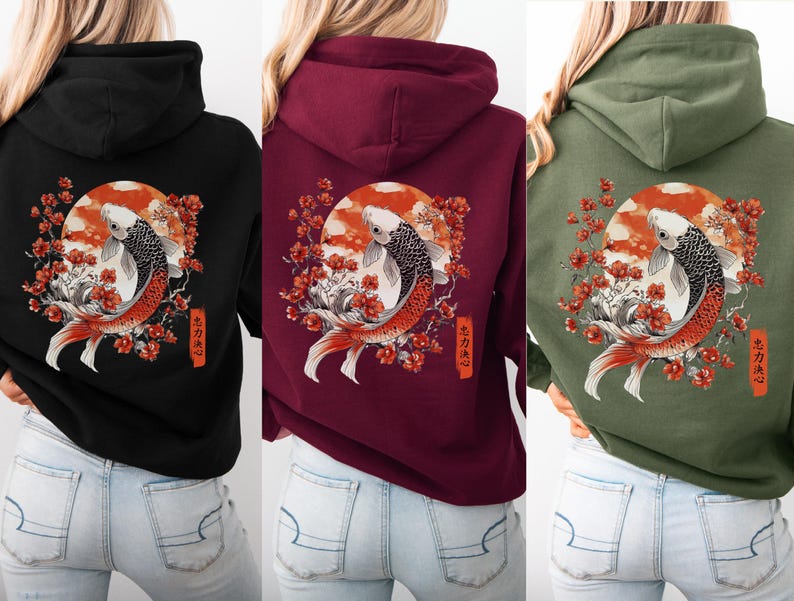 A Military Green Koi Fish Hoodie with a back & front print, featuring vintage Asian artwork & the Japanese cultural symbols of the Koi Fish, cherry blossoms, the Japanese sun and Kanji writing, with the symbols for Loyalty, Strength & Determination.