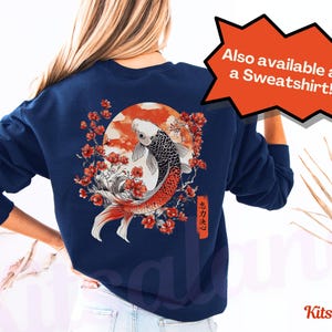 A navy Japanese Koi Fish sweater with a back & front print, featuring vintage Asian artwork & the Japanese cultural symbols of the Koi Fish, cherry blossoms, the Japanese sun and Kanji writing, with the symbols for Loyalty, Strength & Determination.