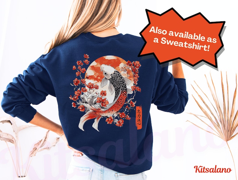 A navy Japanese Koi Fish sweater with a back & front print, featuring vintage Asian artwork & the Japanese cultural symbols of the Koi Fish, cherry blossoms, the Japanese sun and Kanji writing, with the symbols for Loyalty, Strength & Determination.