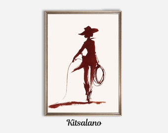 Burgundy Cowgirl Sketch Print: Modern Western Wall Art (Digital Download
