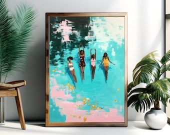 Lámina artística de mujeres negras nadando, decoración de cultura afro (descarga digital)