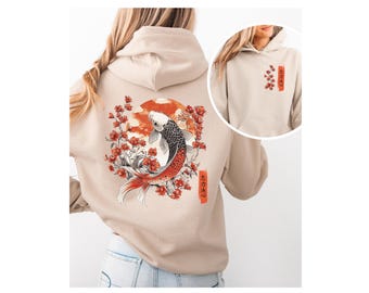 Japanese Koi Fish Hoodie Gift, Vintage Asian Art Hooded Sweater, Tokyo Style Oversized Streetwear with Back Print Hoodie, Kanji Letters
