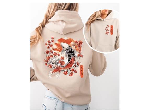 Japanese Koi Fish Hoodie Gift, Vintage Asian Art Hooded Sweater, Tokyo Style Oversized Streetwear with Back Print Hoodie, Kanji Letters
