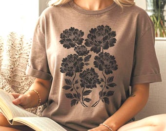 Vintage Floral Peony Linocut Shirt: Retro Botanical Tee