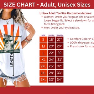 May include: White unisex t-shirt featuring a cat DJ graphic with sunglasses and headphones, set against an orange sunburst design. Size chart with measurements in inches is included.
