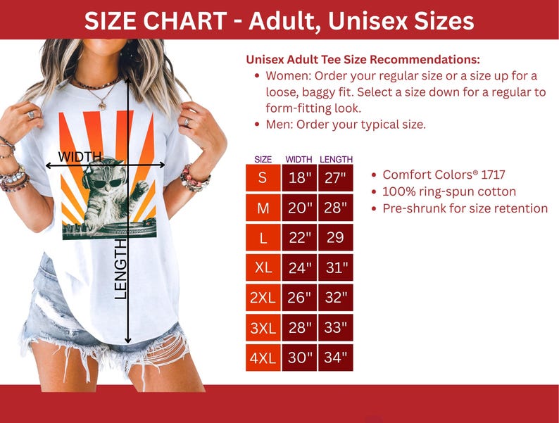 May include: White unisex t-shirt featuring a cat DJ graphic with sunglasses and headphones, set against an orange sunburst design. Size chart with measurements in inches is included.