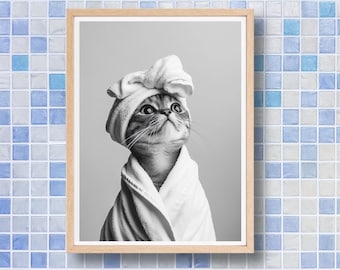 Quadro decorativo para banheiro com um gato engraçado de toalha em preto e branco