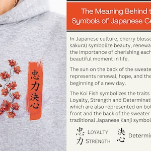 Japanese Koi Fish Hoodie with a back and front print, featuring the Japanese cultural symbols of the Koi Fish, cherry blossoms, the Japanese sun and Kanji writing, with the symbols for Loyalty, Strength and Determination.