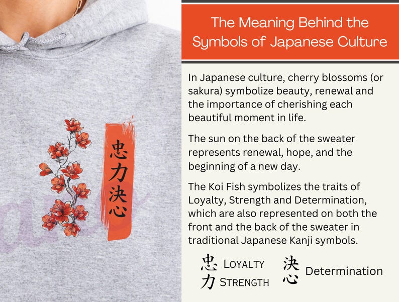 Japanese Koi Fish Hoodie with a back and front print, featuring the Japanese cultural symbols of the Koi Fish, cherry blossoms, the Japanese sun and Kanji writing, with the symbols for Loyalty, Strength and Determination.