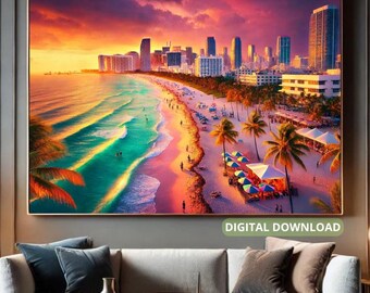 Miami Beach Sunset Art – turquoise golven, tropische print (digitale download)