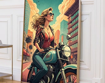 Meisjesposter vintage motorfiets vetgedrukte biker muurkunst | Retro vrouwelijk powerdecor | Afdrukbaar: vrijheid, stijl en spanning voor binnen