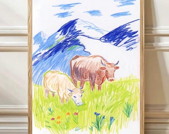 Print alpenkoeien: handgetekende naïeve kleurpotloodkunst (digitale download)