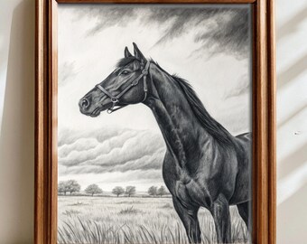 Vintage paard-potloodtekening: paardensportboerderijkunst (digitale download)