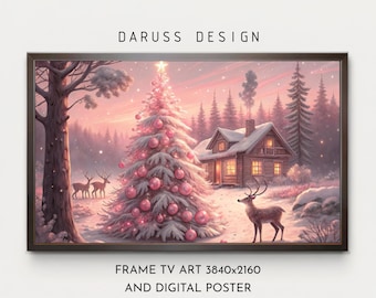 Roze kerstmagie voor kinderkamer: digitaal kunstwerk met een bos, boom en huisje voor een gezellige en feestelijke sfeer op tv of aan de muur