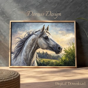 Horse Portrait for Modern & Rustic Interiors - Majestic White Horse Art | Elegant Equestrian Print for Home Office - Perfect for Ranch, Boho