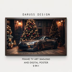 Könnte beinhalten: Gerahmtes Kunstwerk mit einem bronzefarbenen Sportwagen vor Weihnachtsbäumen. Das Bild enthält den Text "DARUSS DESIGN" oben und "FRAME TV ART 3840x2160 AND DIGITAL POSTER 2 IN 1" unten.