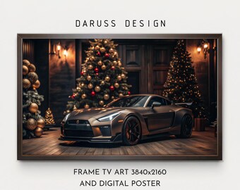 Nissan GT-R en feestelijke kerstfoto voor tv-frame - sportwagenluxe en kracht in één - is een geweldige aanvulling op je interieur