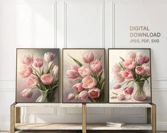 Pink Tulip Bouquet Art Prints: Vintage Floral Illustration (Digital Download)