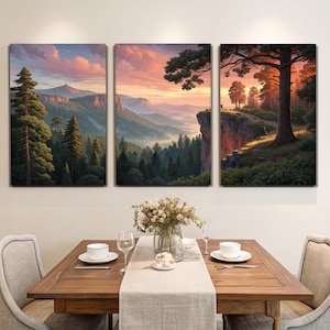 Three-Panel Forest Landscape Art: Serene Mountain Sunset Scene, Three-Part Nature Art Print Sunset Forest and Cliff Landscape Set