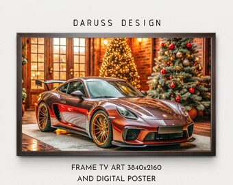Stijlvolle supercar en kerstsfeer voor interieur - sportieve elegantie in een vakantiedecor - Samsung Frame TV - afdrukbare kunstposter