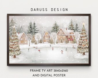 Besneeuwde dorpsscène voor tv-lijst of afdrukbare poster - Winter Wonderland digitale kunst - kerstcadeau of huisaccent - boerderij stijlvol