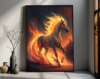 May include: A framed print of a horse ablaze with flames. The horse is a pale grey, with a fiery orange and yellow mane, tail, and body. The background is dark, suggesting a night scene with a hint of a landscape.