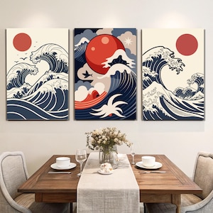 Japanese Wave Art Triptych: Minimalist Sun & Ocean Prints (Digital Download)