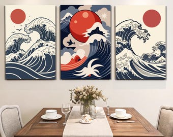 Japanese Wave Art Triptych: Minimalist Sun & Ocean Prints (Digital Download)