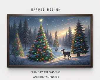 Winterbos met kerstverlichting - Digitaal schilderen voor print en tv-lijst - Perfecte digitale scène voor huisdecoratie of tv-scherm