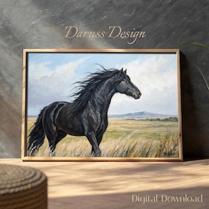 Majestätisch schwarzer Hengst Kunstdruck: Reiter Dekor (Digitaler Download)
