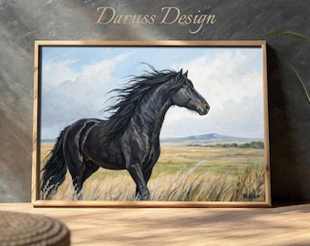 Majestueuze zwarte hengst kunstafdruk: woondecoratie paardensport (digitale download)