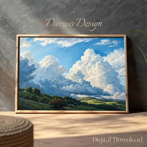 Peut inclure: Une peinture numérique d'un paysage avec des collines verdoyantes et un ciel bleu vif avec de gros nuages blancs et moelleux. Le soleil brille fortement, projetant de longues ombres sur les collines.