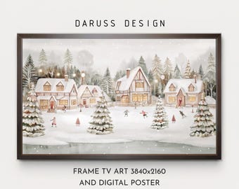 Aquarel winterdorpscane met besneeuwde huizen - neutraal beige winterlandschap | Vakantiebos schilderij - lijst tv minimalistisch kerstmis