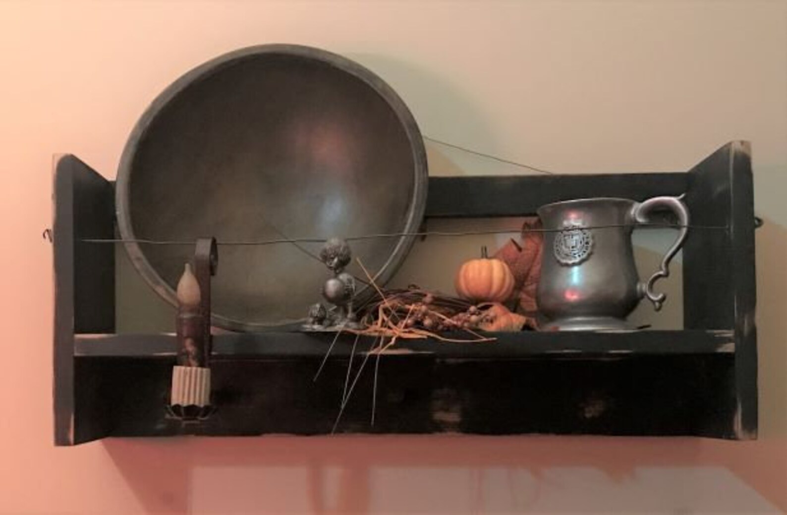 Colonial Wood Bowl Rack Wall Shelf Primitive With Square Nail Pegs ...