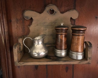 Colonial  Primitive Scallop Top Shelf  - mustard - wax finish   =   Width 13  1/2" x  Height 11 1/4" x  Depth 5 1/2"